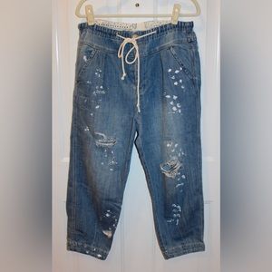 Free People- Mixed up Distressed Paint Splatter Utility Jeans - Size Small